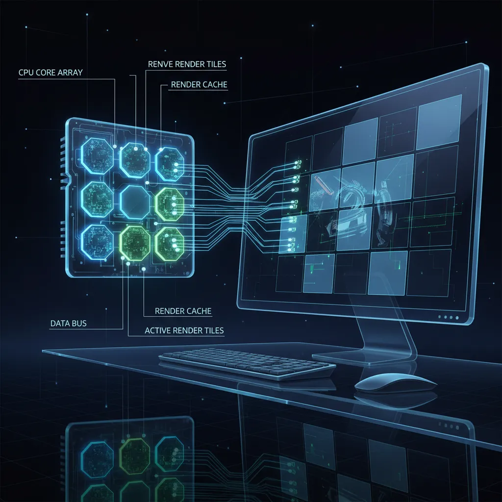 Visual explanation of CPU cores processing multiple rendering tiles simultaneously