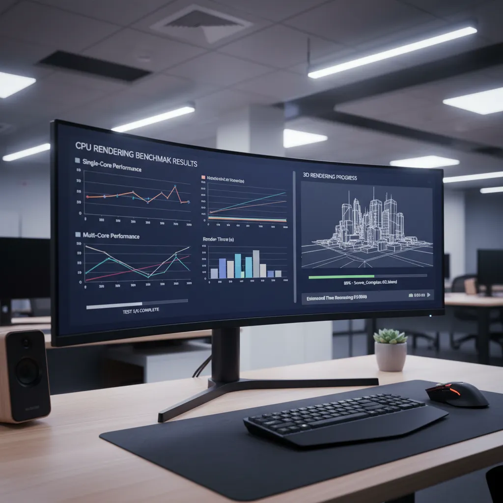 CPU rendering benchmark visualization on a workstation monitor