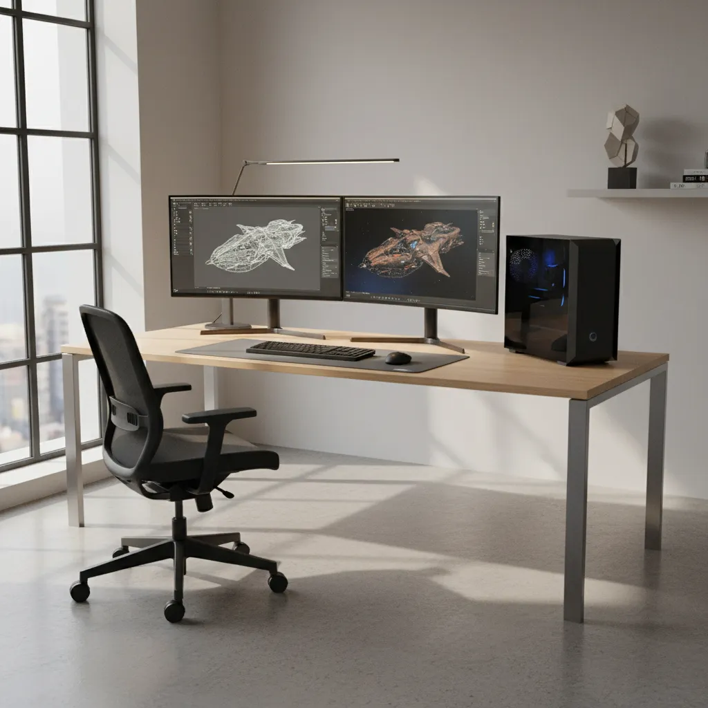 Professional 3D rendering workstation with multi monitor setup