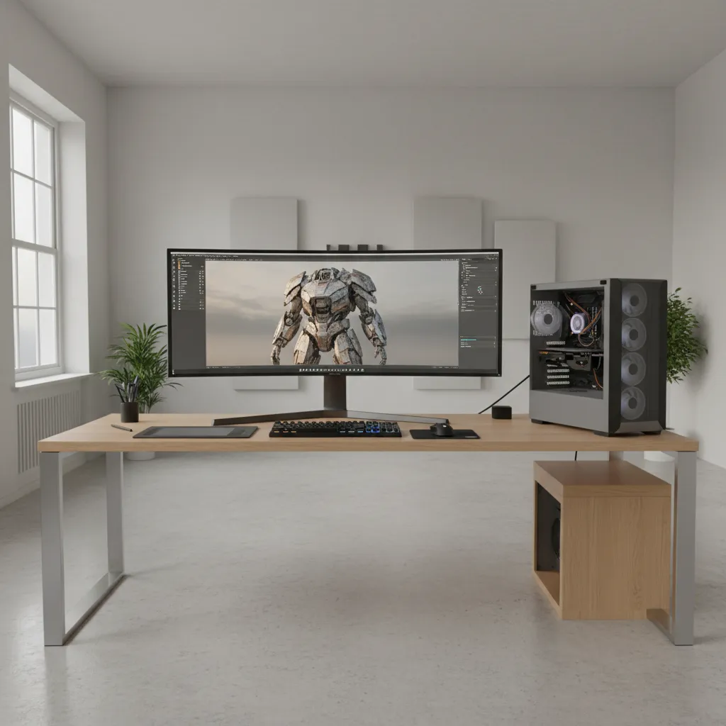3D rendering workstation with Blender scene rendering on monitor