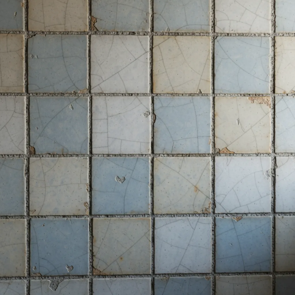Close-up of cracked bathroom wall tiles along grout lines