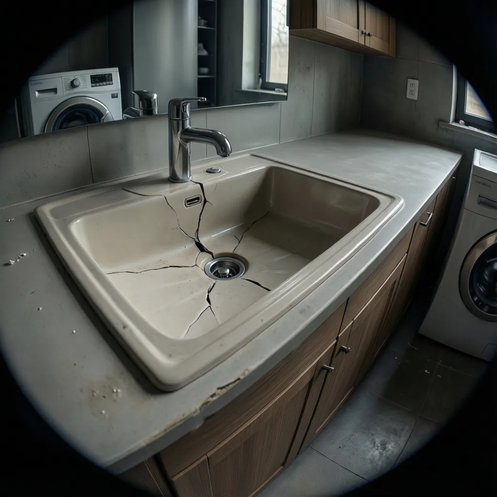 Ceramic laundry sink basin with visible structural crack