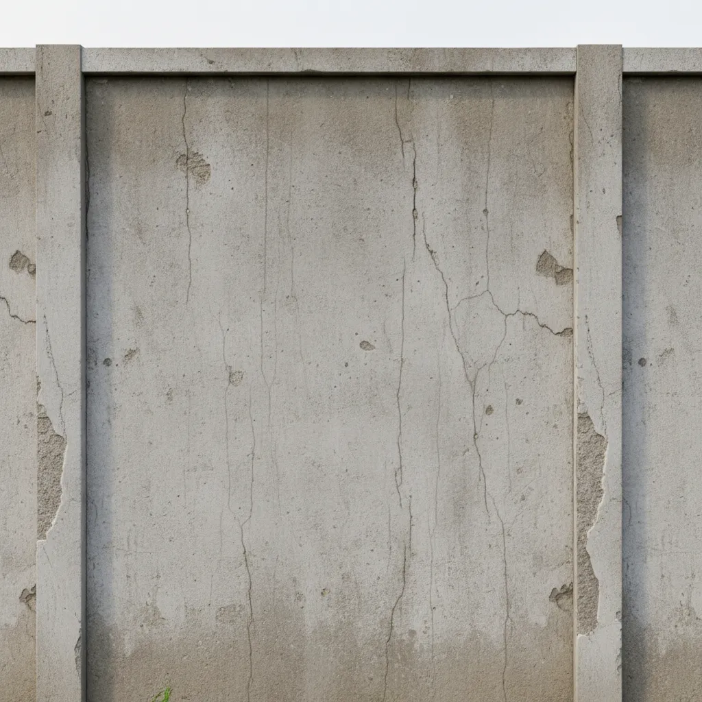 Concrete compound wall with visible vertical cracks and weather damage