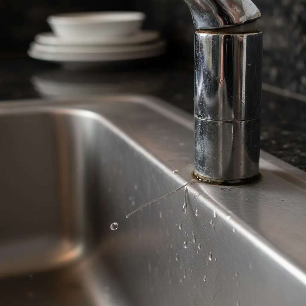 close up of cracked kitchen faucet body leaking water