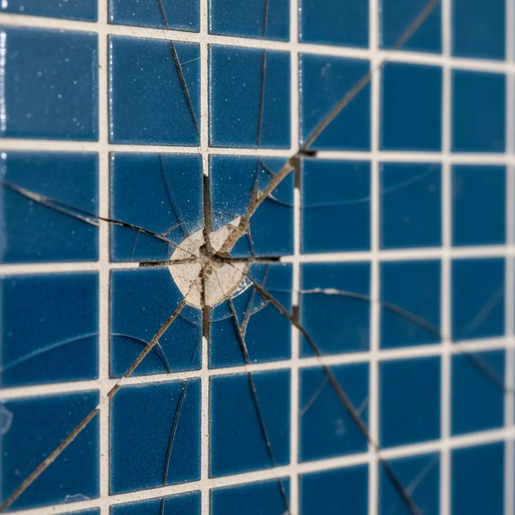 cracked blue mosaic tiles in bathroom wall
