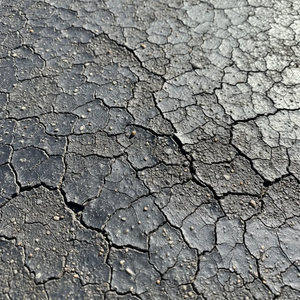 close up of cracked roofing tar on flat roof surface