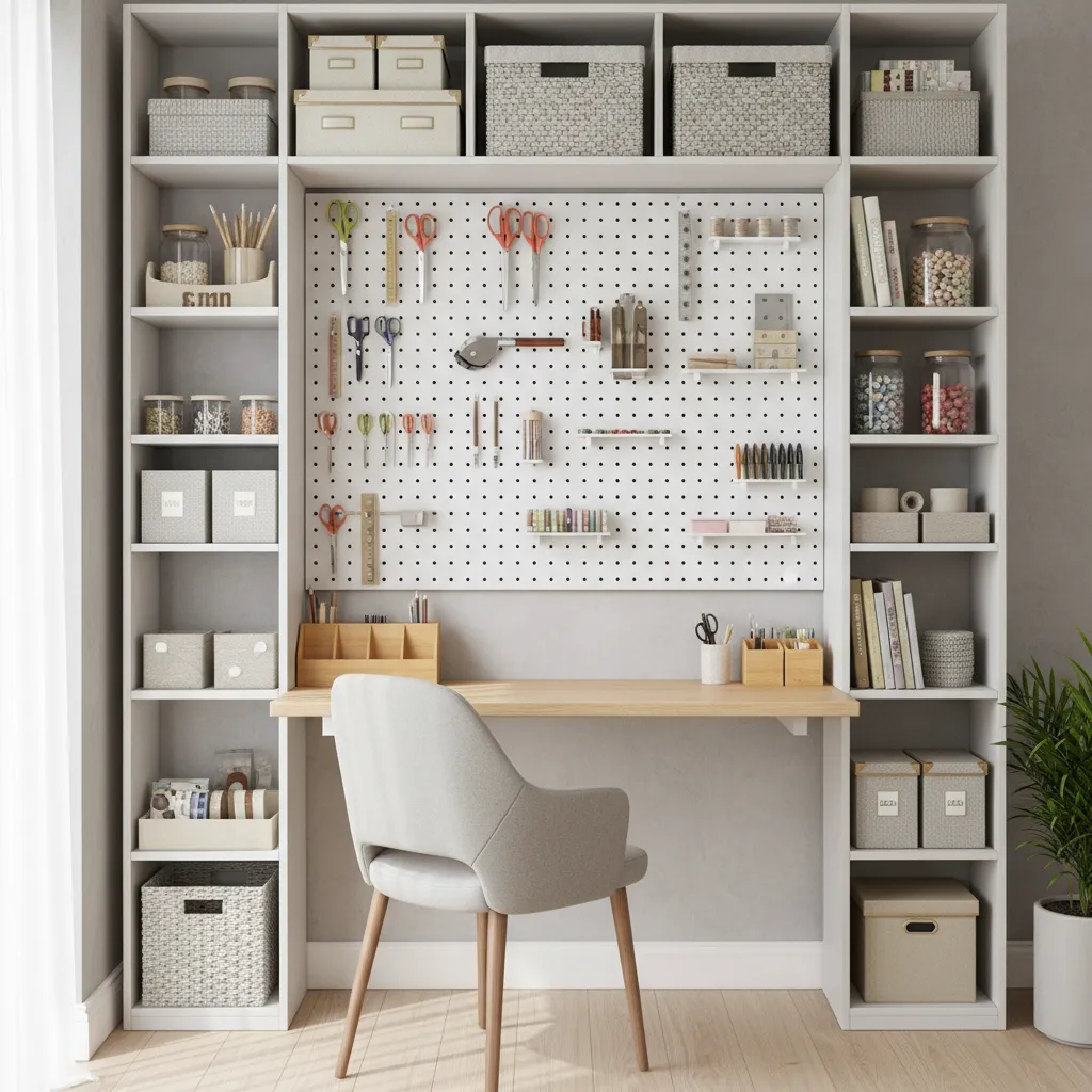 small craft room desk positioned for efficient workflow