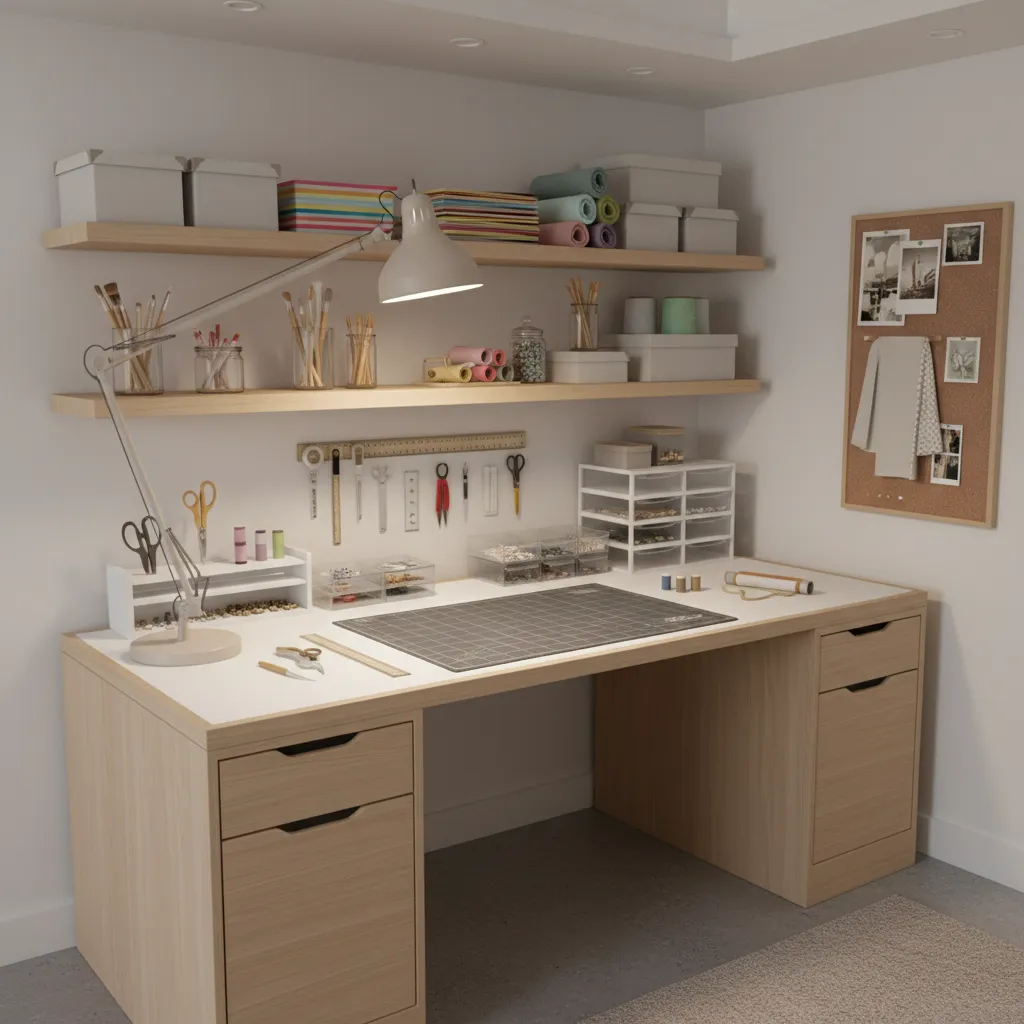 craft desk with task lighting and organized supplies
