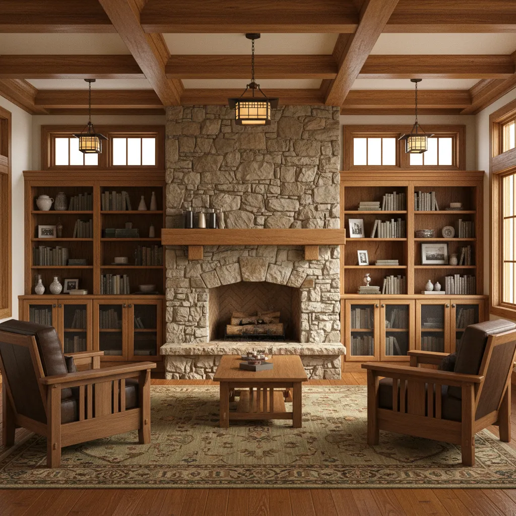 Craftsman style built in shelves around fireplace in living room