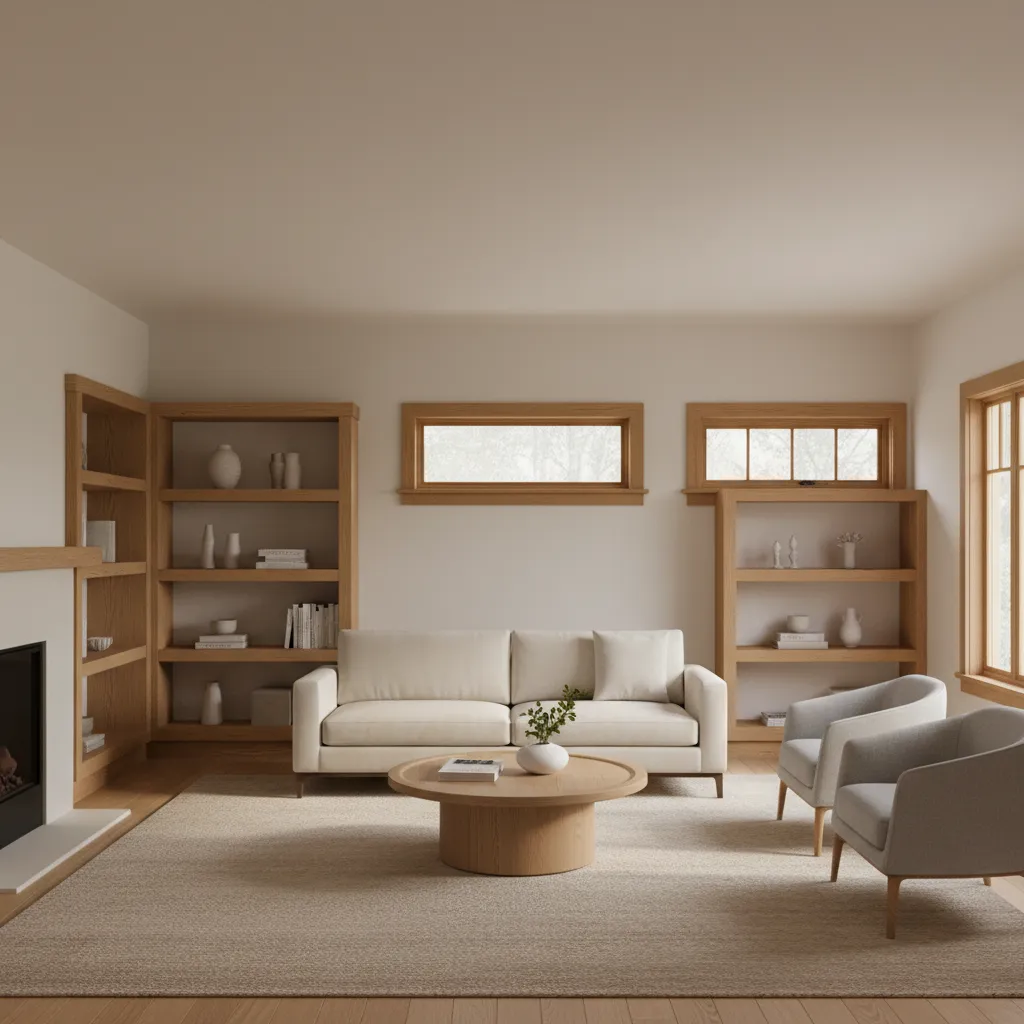 Modern living room with craftsman wood trim and simple furniture