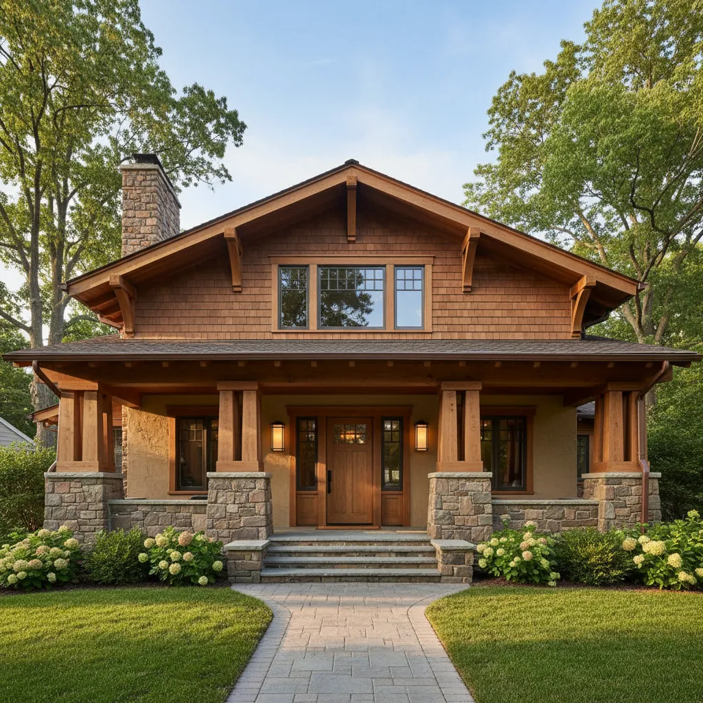 Casa estilo craftsman con porche y detalles en madera