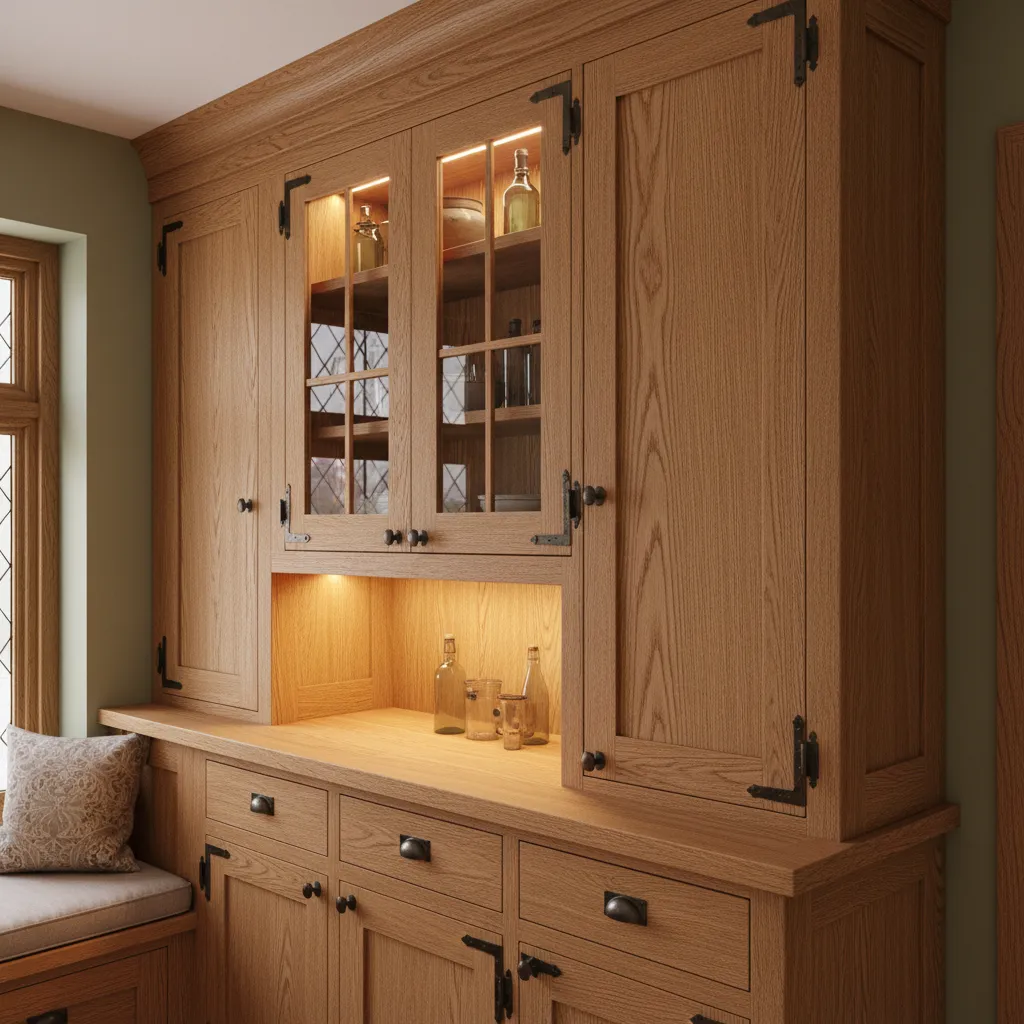 Craftsman style built in cabinet and detailed wood trim restoration work