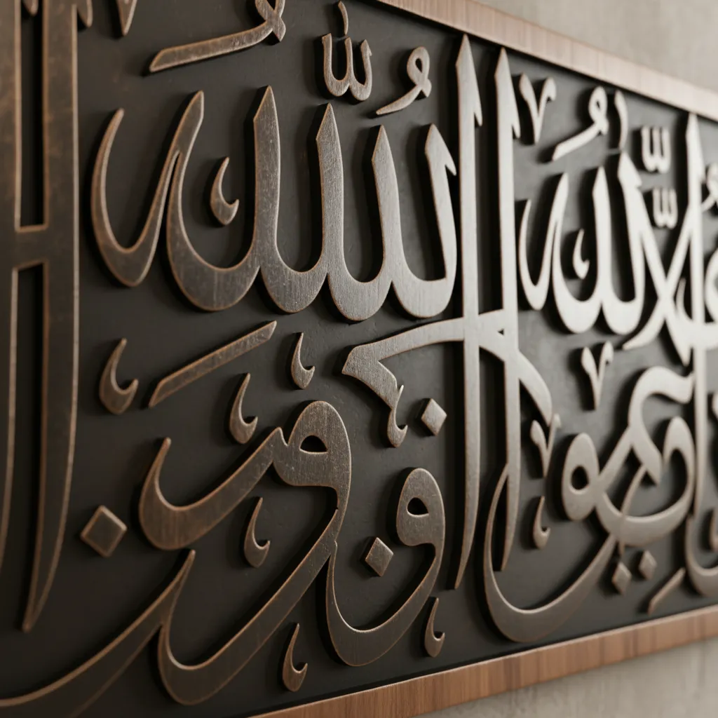 Close up detail of handcrafted Arabic calligraphy Ayatul Kursi wall art