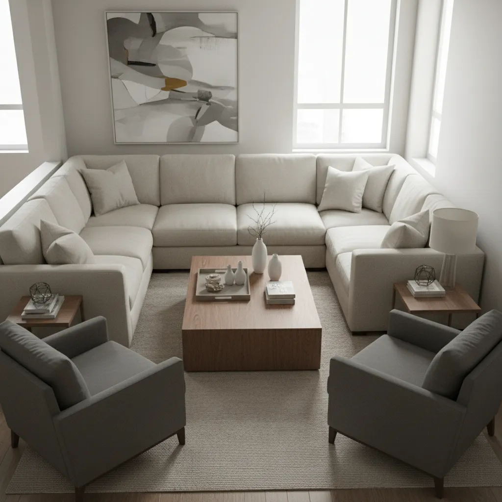 cramped 15x15 living room with oversized sofa blocking movement