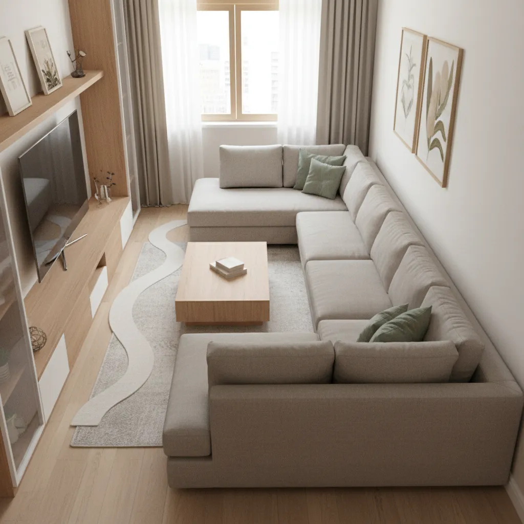 Cramped 18 x 12 living room layout with oversized sectional blocking space