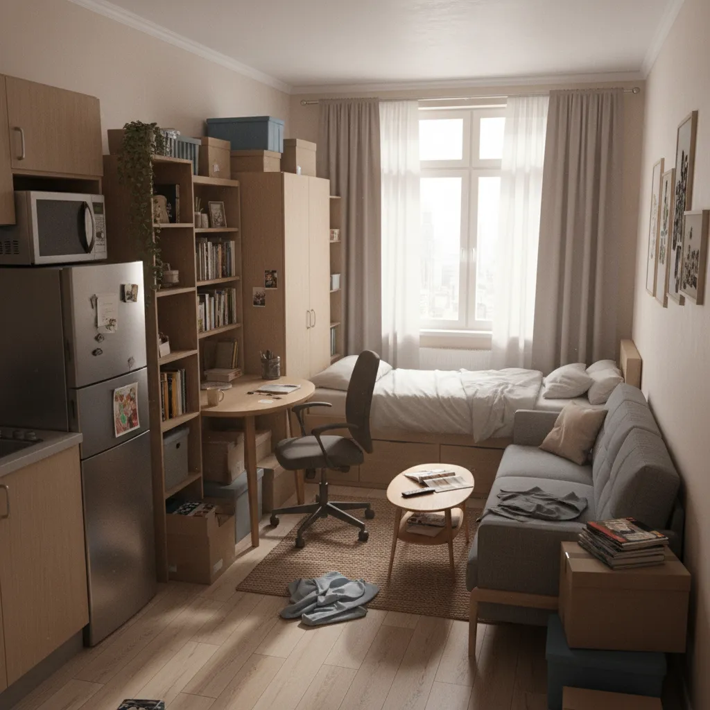 Small studio apartment room layout featuring bed sofa desk kitchen fridge and many storage boxes