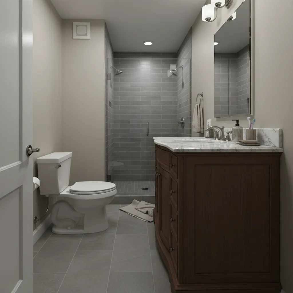 cramped 6 x 10 bathroom layout with poor fixture placement