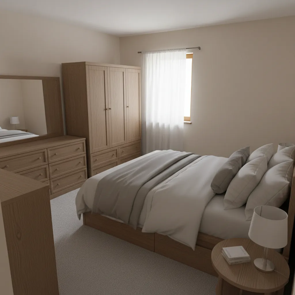 Overcrowded 80 sq ft bedroom with oversized furniture