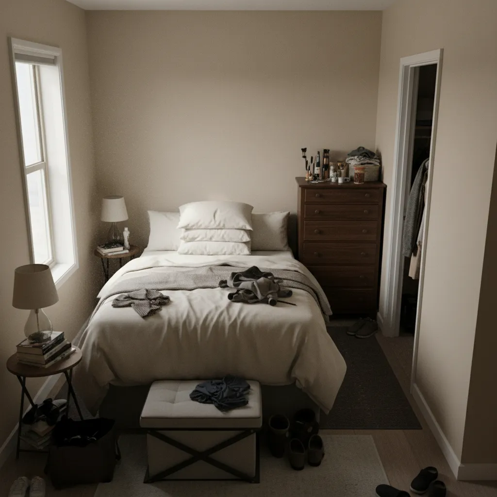 Overcrowded 8x6 bedroom with poorly arranged furniture blocking walking space