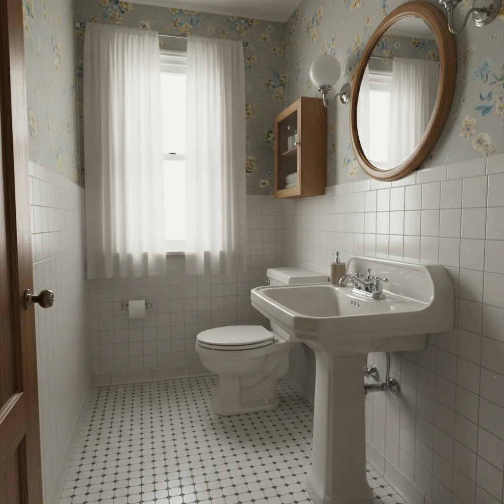 small bungalow bathroom with cramped layout and poor fixture placement