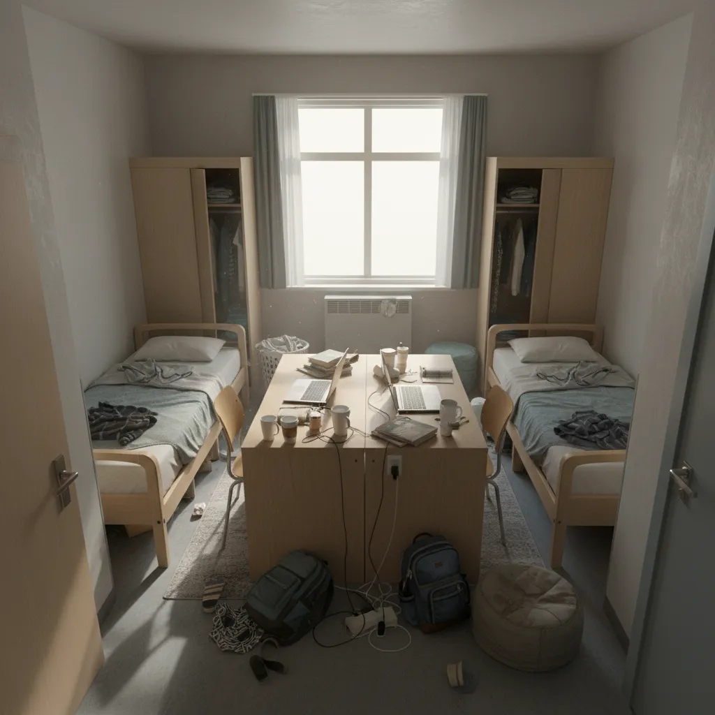 Cramped dorm room layout with beds and desks blocking walking space