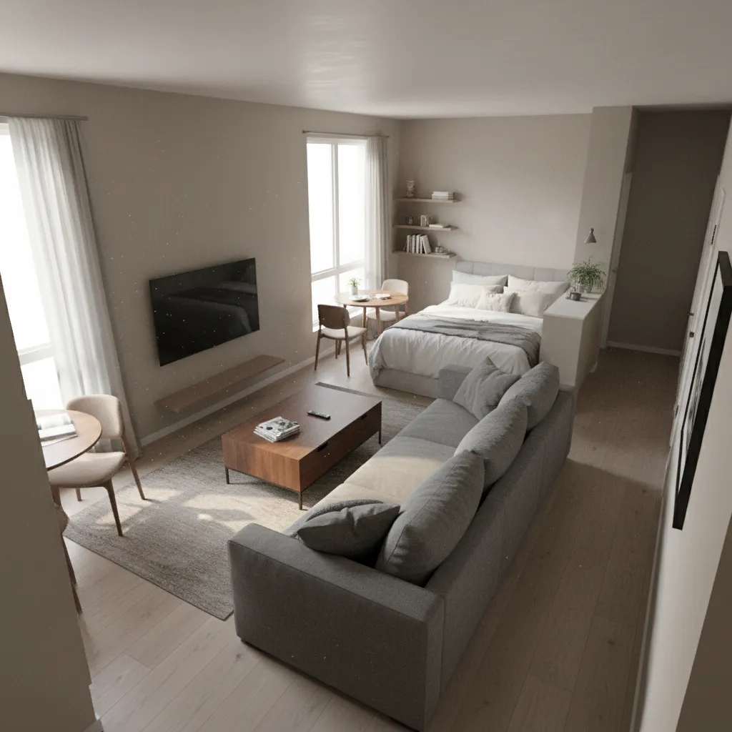 cramped junior one bedroom apartment layout with oversized furniture