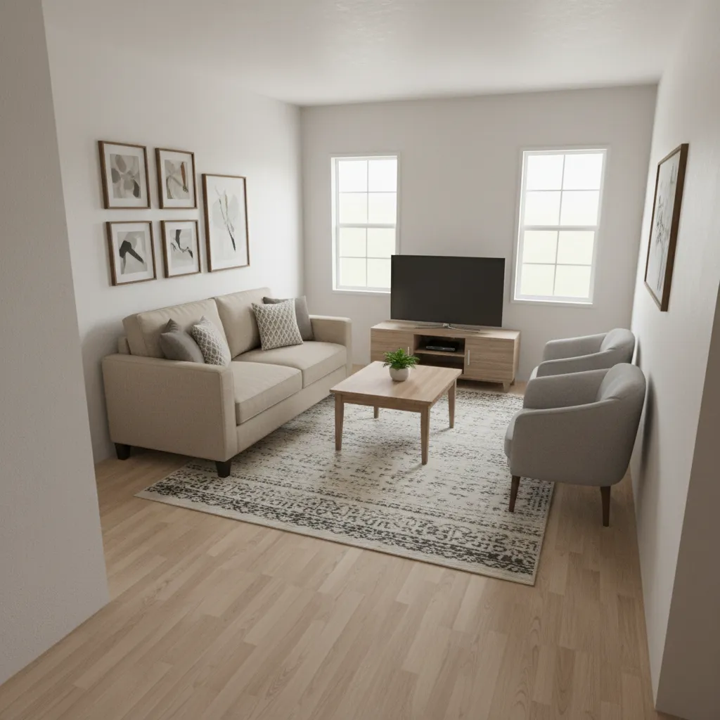 Small manufactured home living room with cramped furniture layout