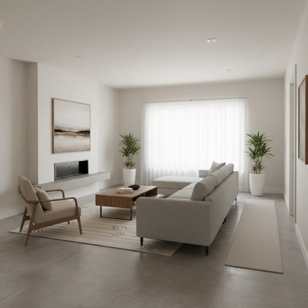 Small one story living room layout with tight circulation paths