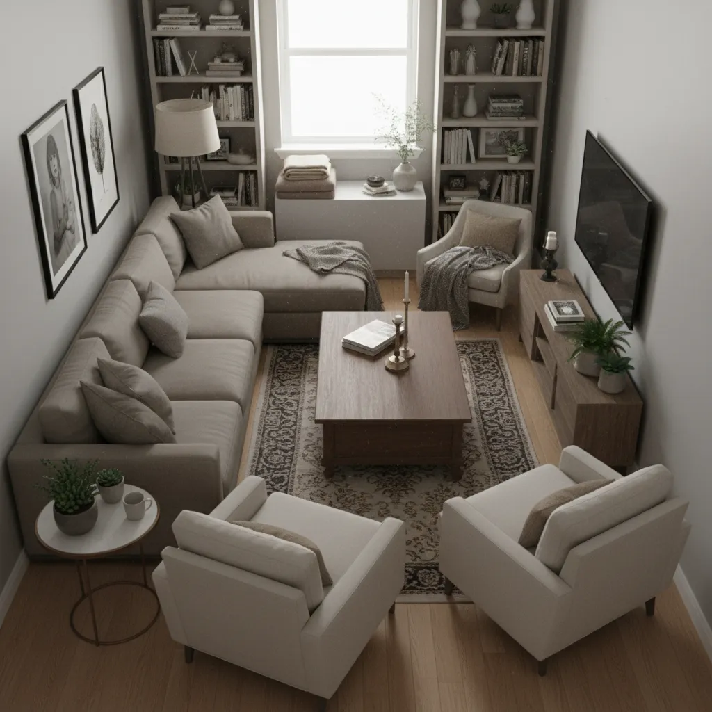 overcrowded small apartment living room with too much furniture