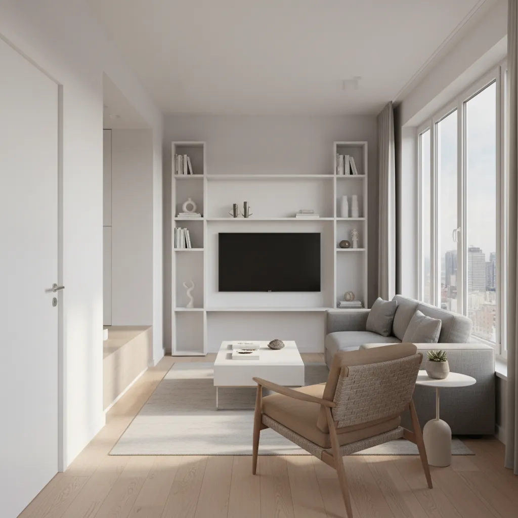 Cramped living room layout in a small apartment with poor circulation