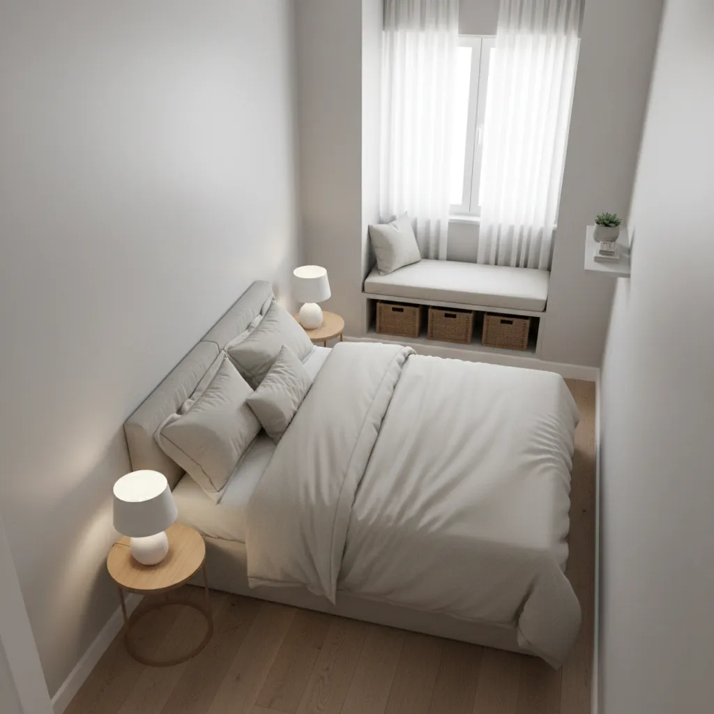 Small bedroom feeling cramped with a full bed centered and tight walkways