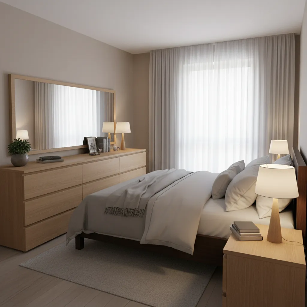 Small bedroom with queen bed and crowded furniture layout