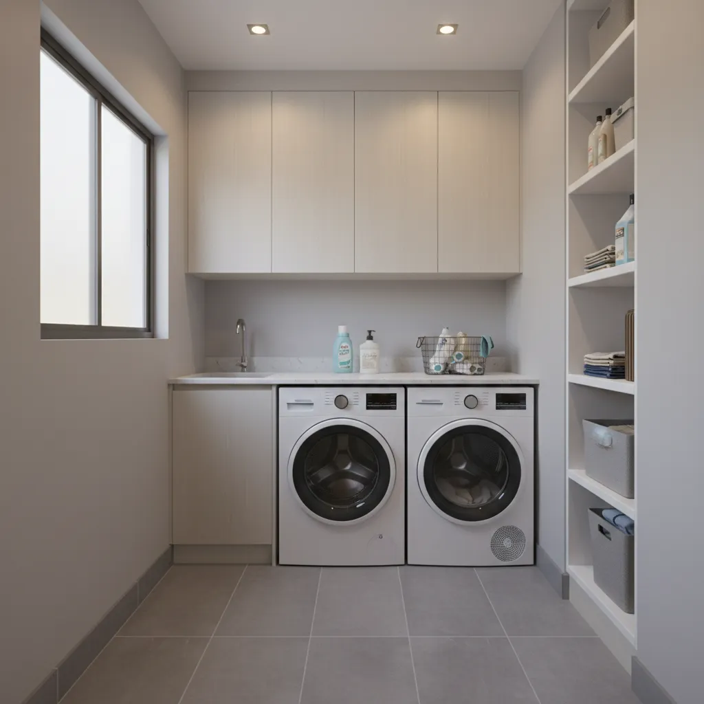 tight small laundry room with washer dryer and narrow walkway