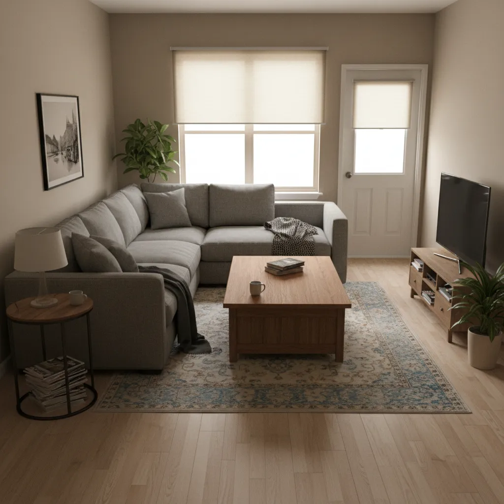 Overcrowded small living room with oversized sofa and blocked pathways
