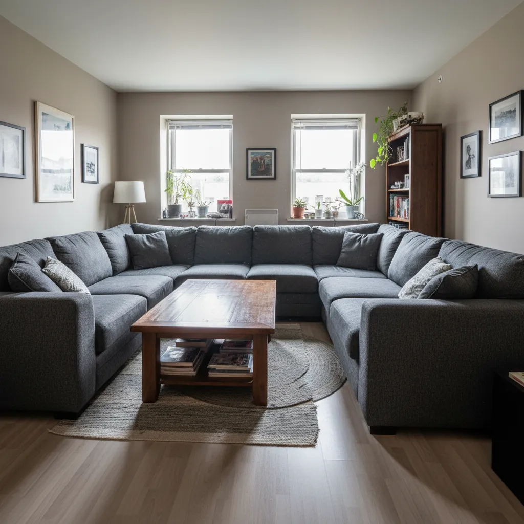 cramped small living room with oversized furniture blocking movement