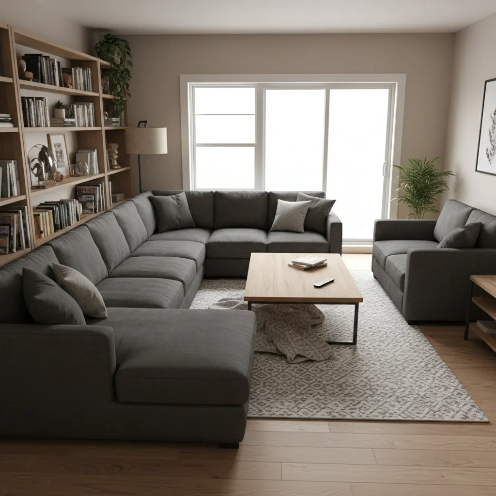 Cramped small living room with oversized sofa blocking walking path