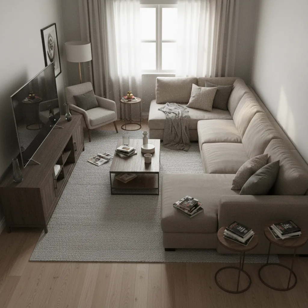 Example of cramped small living room layout with oversized sofa and blocked walking path
