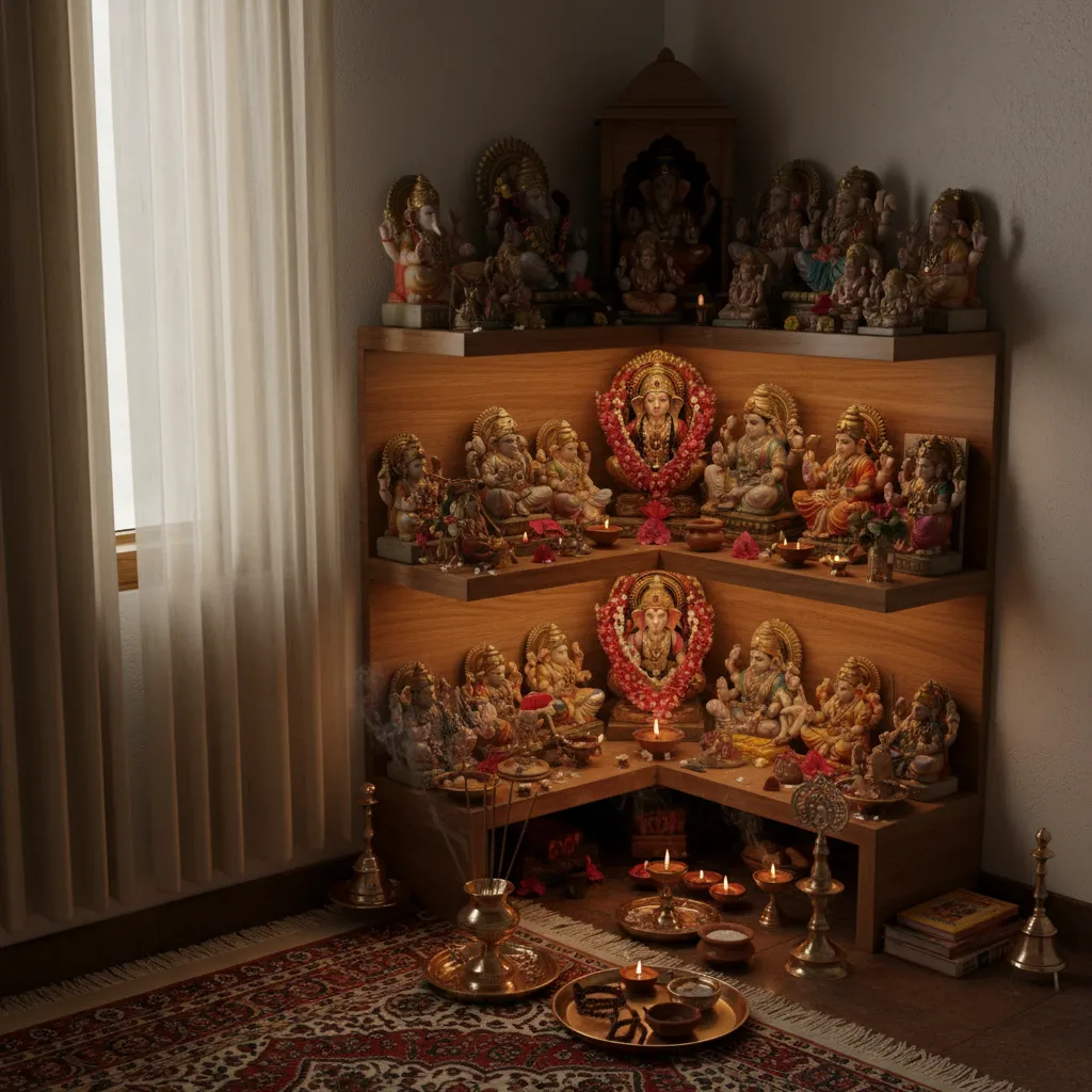small cluttered pooja room with overcrowded shelves and limited ritual space