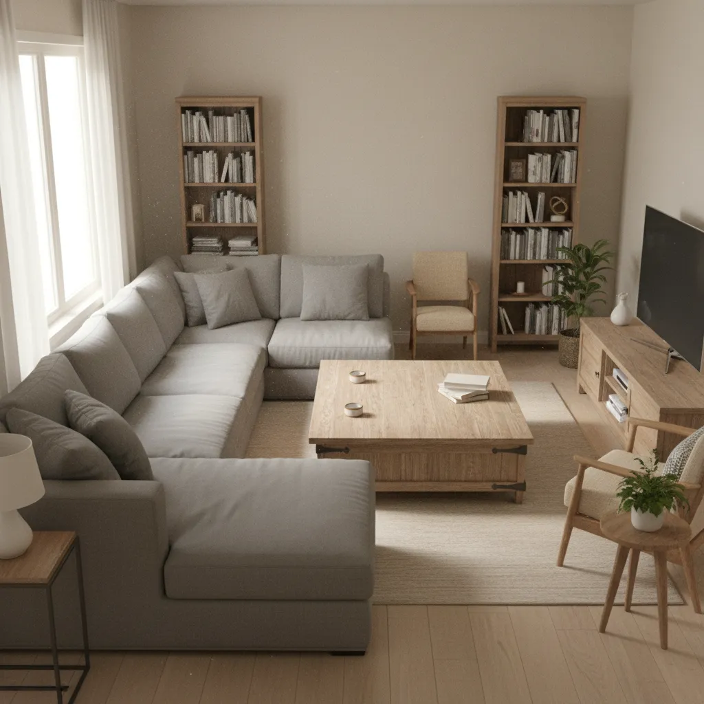 cramped 15x15 square living room with furniture pushed against walls