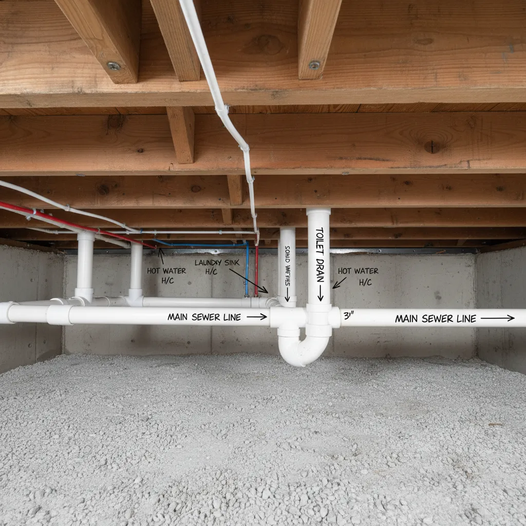 Optimizing Drain Pipe Routing When Adding a Toilet in a Crawl Space Laundry Room: Design an efficient drain and vent layout under a laundry room floor to prevent clogs, improve flow, and simplify crawl space plumbing.