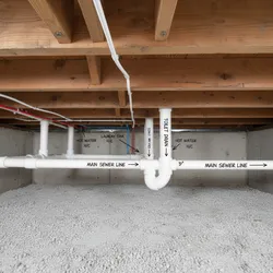 White plumbing pipes in crawl space under wood beams showing main sewer and toilet drain