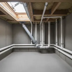 Basement room with concrete walls and many white and grey water pipes under wooden ceiling