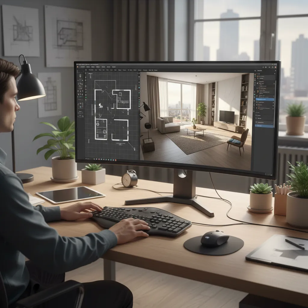 Designer using computer software to create 2D floor plan layout and 3D living room view