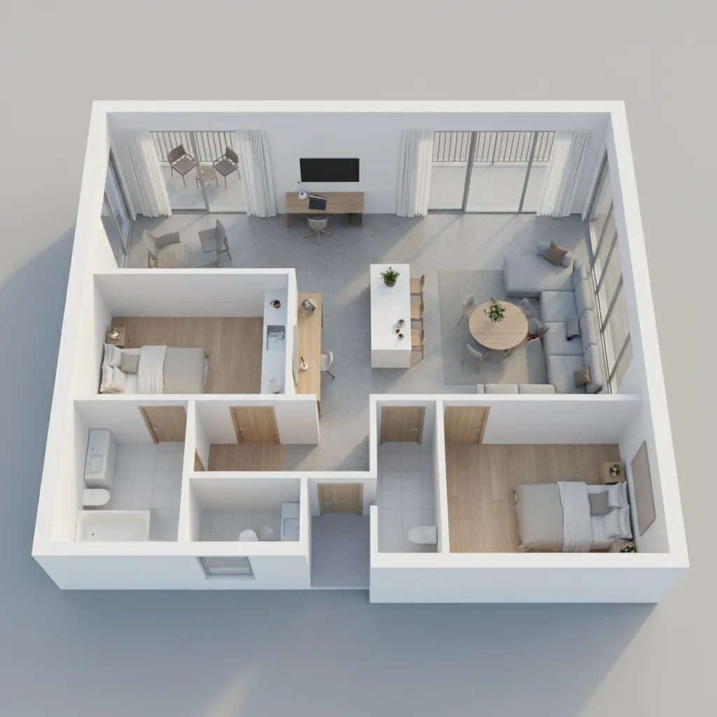 Plano digital de una vivienda con habitaciones modeladas en 3D