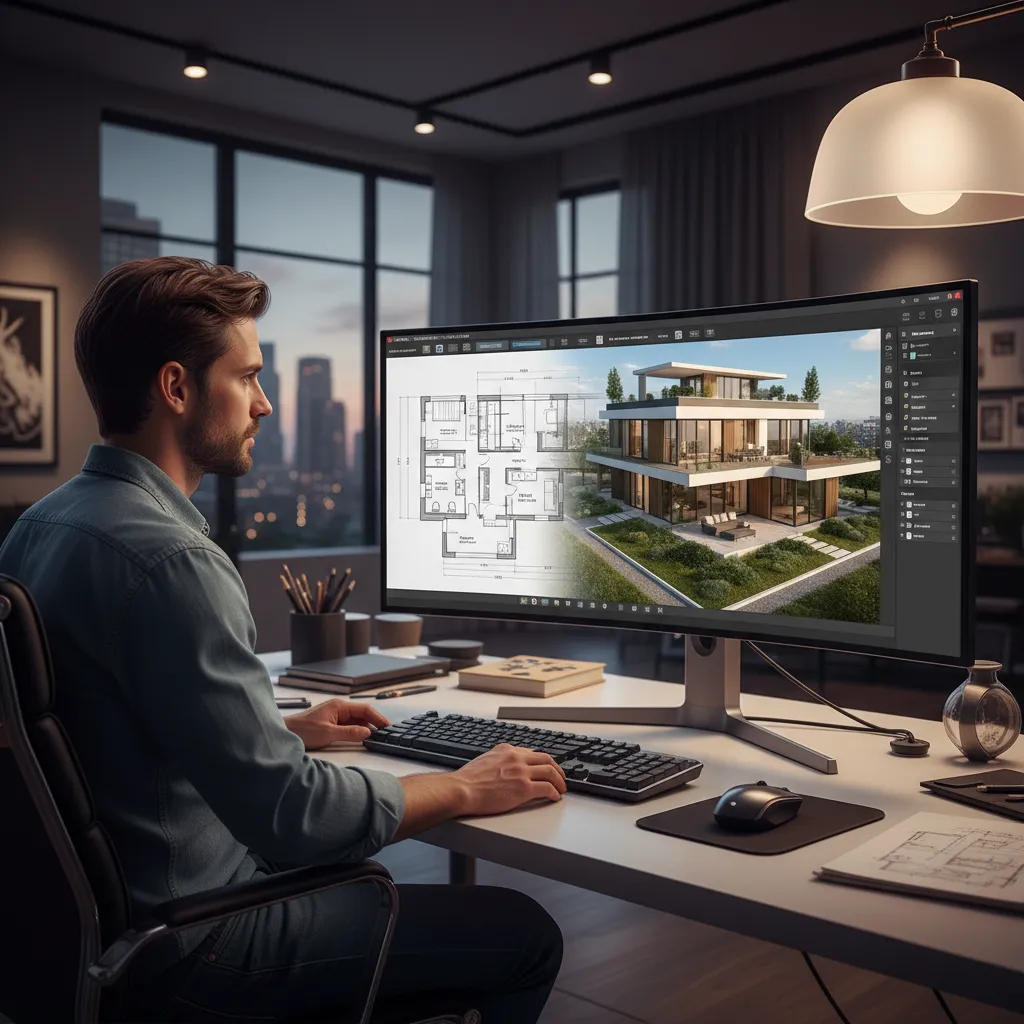 pantalla mostrando la creación de un plano de casa en software 3D