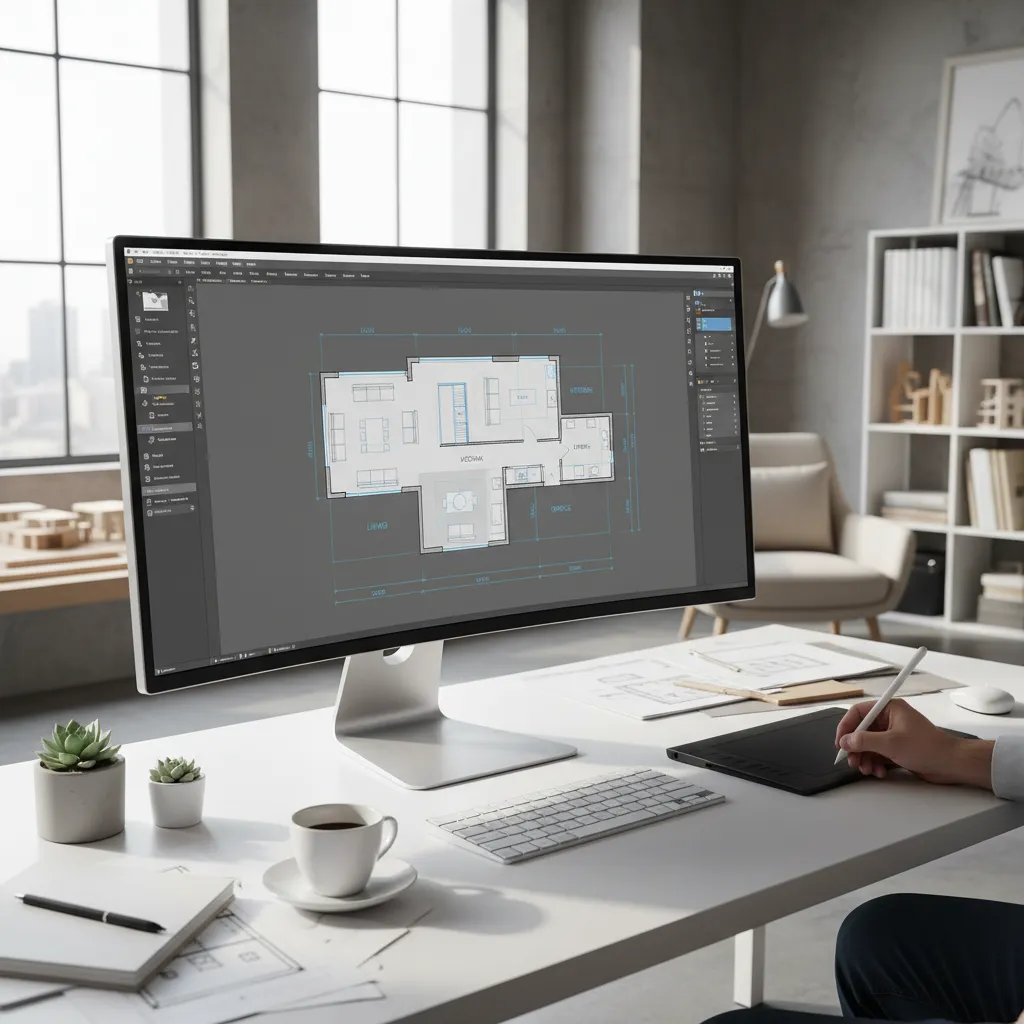 Diseñador creando plano digital de vivienda en ordenador