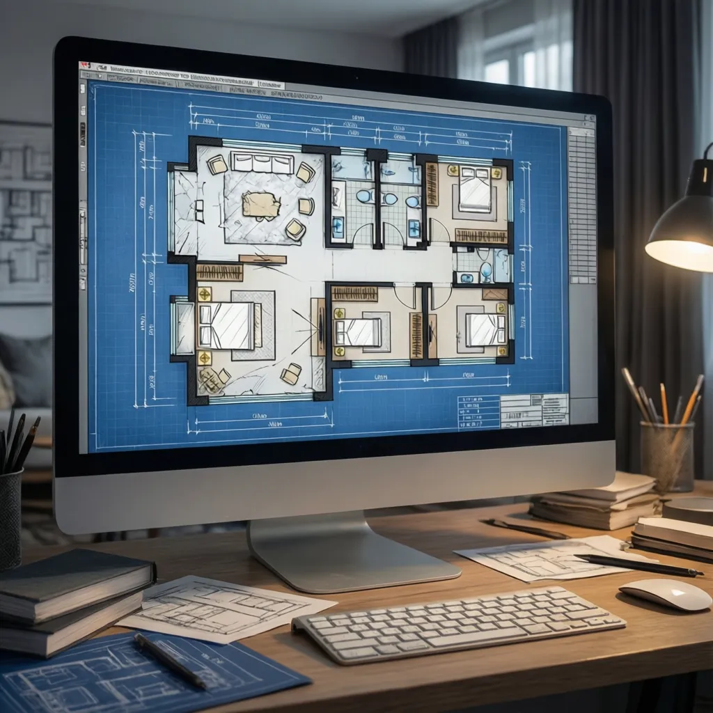 Plano digital de vivienda en proceso de creación con varias habitaciones