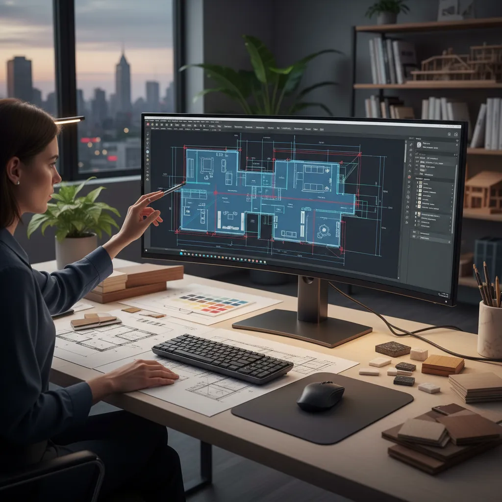 Diseñador creando un plano digital de una vivienda en un ordenador