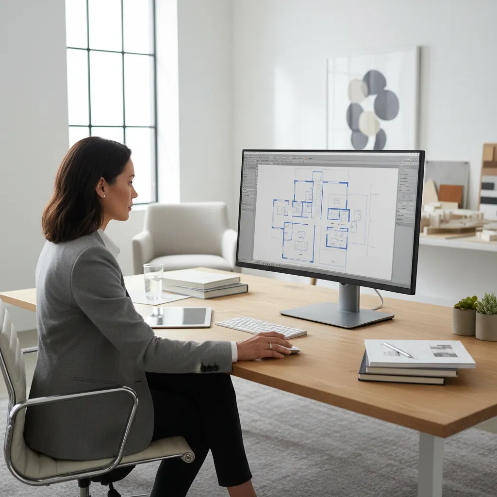 Diseñador creando un plano interior en software de diseño