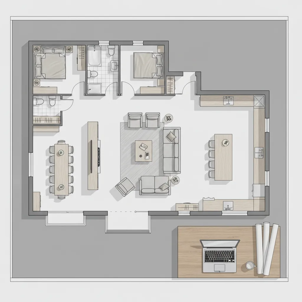 Plano de vivienda con zonas distribuidas para diseño interior